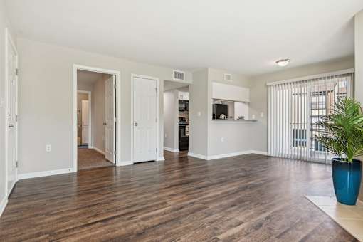 an empty living room with a potted plant in the corner at The Glen at Highpoint, Dallas, 75243