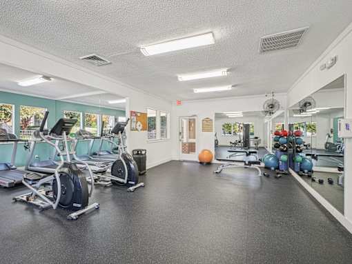 A gym with treadmills, exercise balls, and weights. at Cedar Springs Apartments, North Carolina, 27609