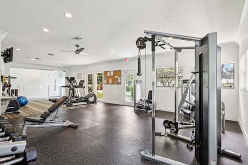 A gym with a variety of equipment including a weight bench, a treadmill, and a squat rack. at Lakeside Glen Apartments, Melbourne