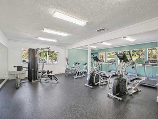 A gym with a variety of equipment including treadmills, stationary bikes, and weight machines. at Cedar Springs Apartments, North Carolina, 27609
