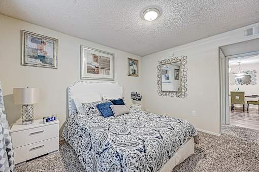 Bedroom with Ceiling Fan at St. Johns Forest Apartments, Jacksonville, FL