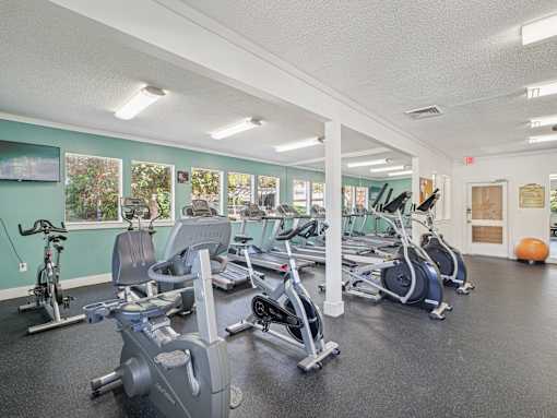 A gym with a variety of exercise equipment including treadmills, stationary bikes, and weight machines. at Cedar Springs Apartments, Raleigh, NC, 27609