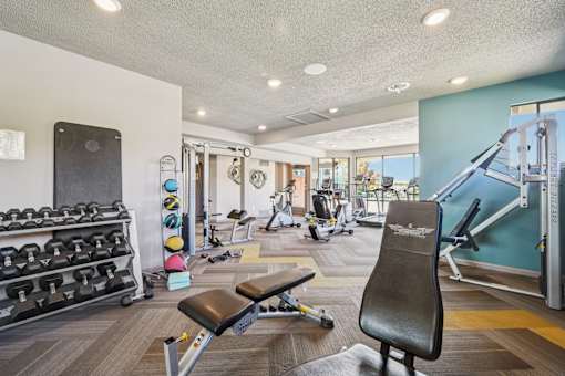 A gym with a variety of equipment including weights, a bench, and a treadmill at Union Heights Apartments, Colorado Springs, Colorado