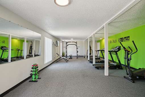 A gym with a green wall and a sign that says "No Pain, No Gain".