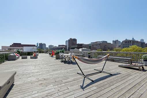 Rooftop deck with comfortable seating at The View at Old City, Philadelphia, Pennsylvania