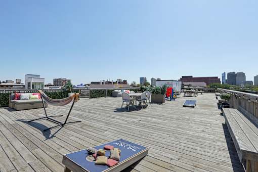 Wooden rooftop deck at The View at Old City, Philadelphia, PA, 19106