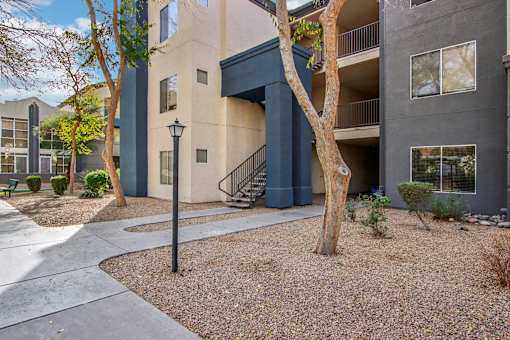 A tree in front of a building with a black lamp post at Sweetwater At Metro North Apartments, Phoenix, Arizona