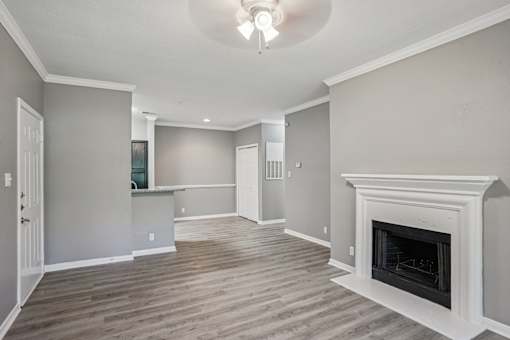 A living room with a fireplace and a ceiling light at Bridford Lake Apartments, Greensboro, North Carolina
