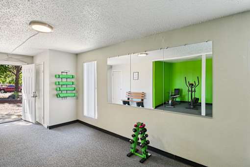 A room with a green wall and a mirror.