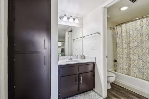 A bathroom with a dark brown door and a white sink at Del Coronado Apartment , Mesa, AZ