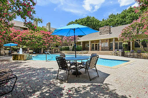 A poolside table with chairs and umbrellas is surrounded by a pool and trees.