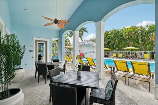 A patio with a table and chairs overlooking a pool. at The Dakota, Florida