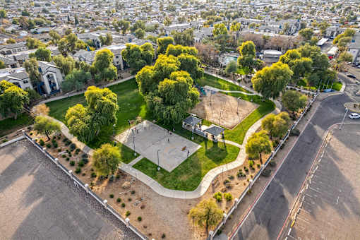 A basketball court is surrounded by trees and grass in a park at Sweetwater At Metro North Apartments, Arizona