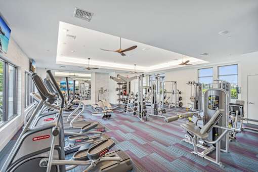 a gym with cardio machines and weights on the floor and windows at Edge75, Naples, Florida 34104