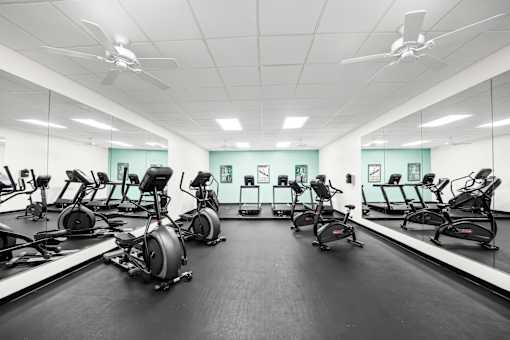 Large fitness room filled with exercise bikes at University Ridge Apartments, Durham, NC, 27707