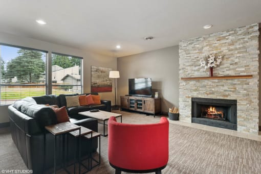 Clubhouse Fireplace Seating at North Creek Apartments, Everett, 98208