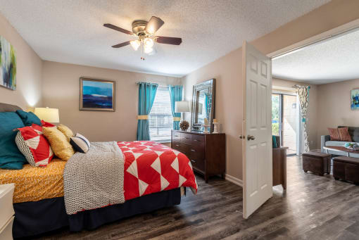 Bedroom with Ceiling Fan at Whisper Lake Apartments, Winter Park