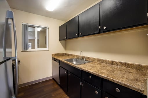 the kitchen of our studio apartment at riviera palms at Broadmoor Springs, Colorado Springs, CO, 80906