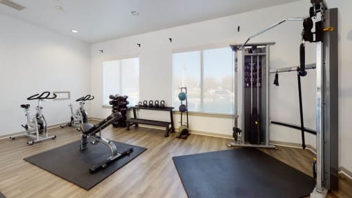 Fitness center with strength training equipment at The Arbor Walk Apartments, Florida