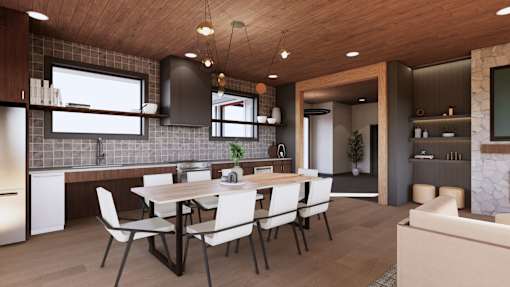 A modern kitchen with a wooden ceiling and a dining table with chairs.