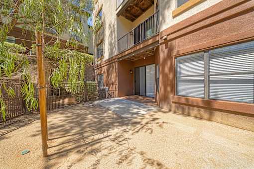 A sandy courtyard with a building and a tree in the background.