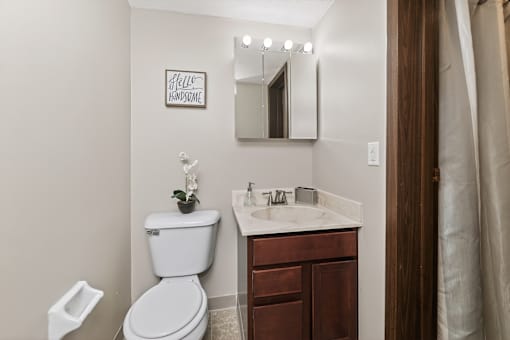 A white toilet sits next to a sink in a bathroom.