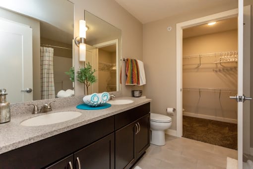 master bedroom with double sinks, a toliet, and a large walk-in closet