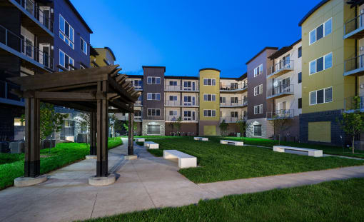 an exterior shot of the apartment community facing the courtyard