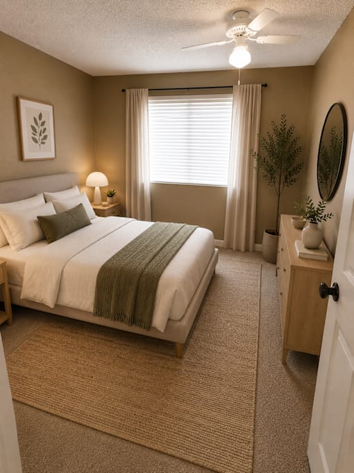 A bedroom with a bed, nightstand, and a plant.