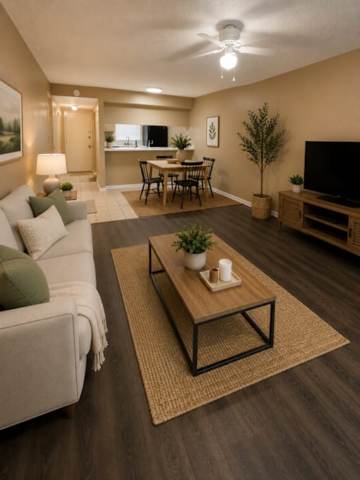 A living room with a couch, a coffee table, and a television.