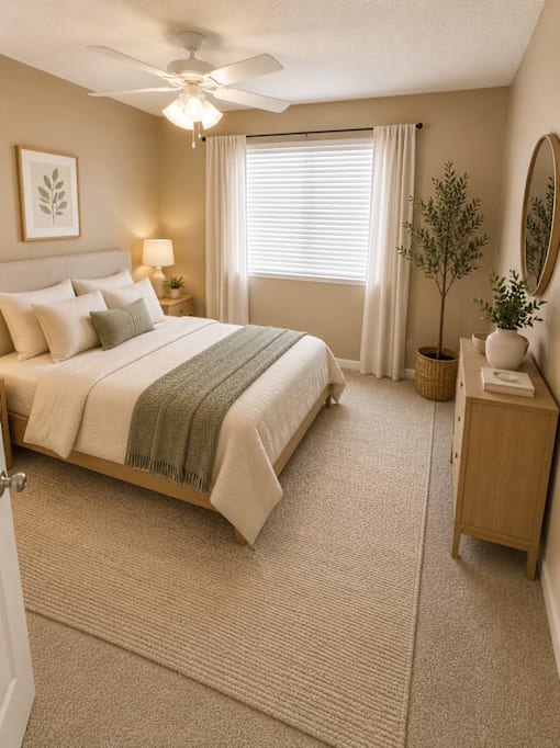 A bedroom with a bed, nightstand, and a plant.