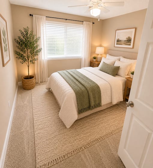 A bedroom with a bed, a plant, and a painting on the wall.