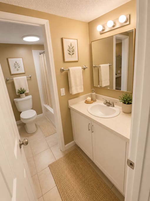 A bathroom with a toilet, sink, and mirror.