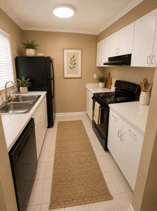 A kitchen with black appliances and white cabinets.