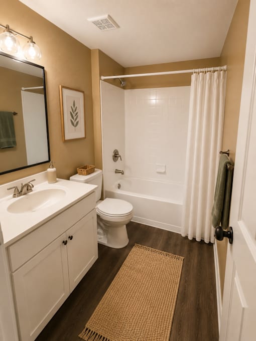 A bathroom with a toilet, sink, and shower.