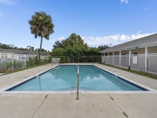 a swimming pool with a palm tree in front of a building at The Groves at Wimauma Apartments , Wimauma, 33598