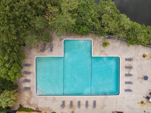 an overhead view of an infinity pool with trees and a blue water at Cypress Grove, Lauderhill, 33313