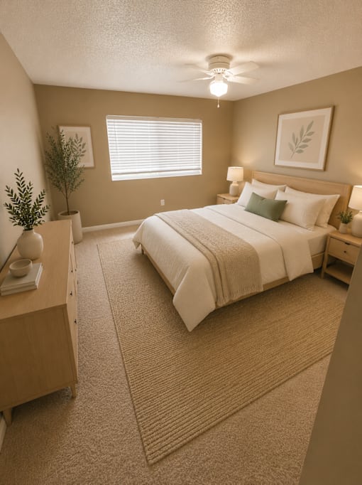 A bedroom with a bed, nightstand, and a plant.