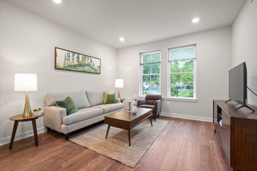 a living room with a couch and a coffee table