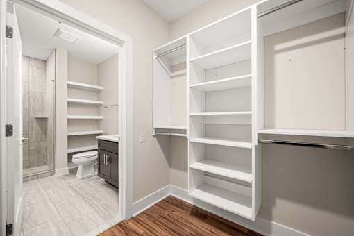 A white walk-in closet with shelves and a toilet in the corner.