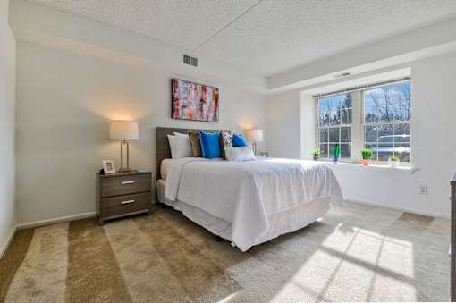 A bedroom with carpet flooring and a large window providing ample natural light.
