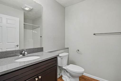 Northbrooke Commons bathroom with large mirror, gray countertop and dark cabinetry