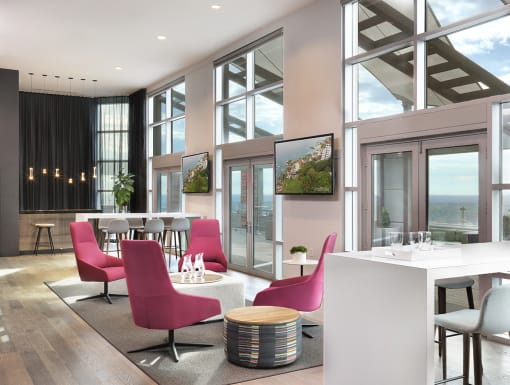 24th floor clubroom with floor-to-ceiling windows and conversation seating  at Clayton On The Park, Clayton, 63105
