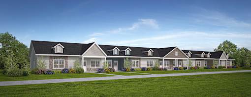 A row of houses with grey roofs and white walls at Montage at Hawk Ridge Apartments, Lake St. Louis, 63367