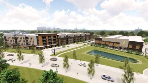 Aerial view of the development at The Rail, St. Louis, MO 63110