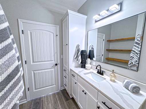 A bathroom with a white sink and a white door.