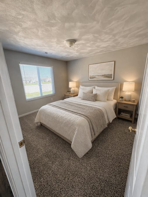 A bedroom with a bed, nightstands, and a window.