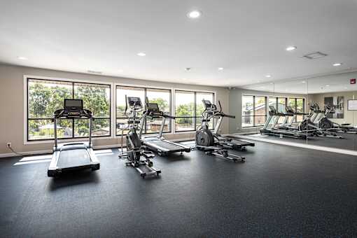 the gym has plenty of exercise equipment and windows