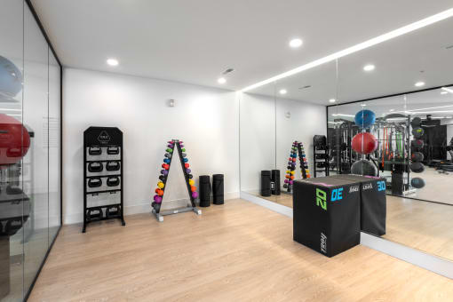 a gym with mirrors and weights on a wooden floor at The Flats & Terraces at Wildhorse Village, Chesterfield, Missouri