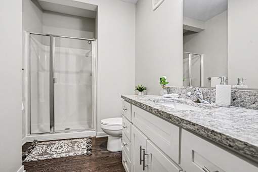 A bathroom with a marble countertop and a walk-in shower.